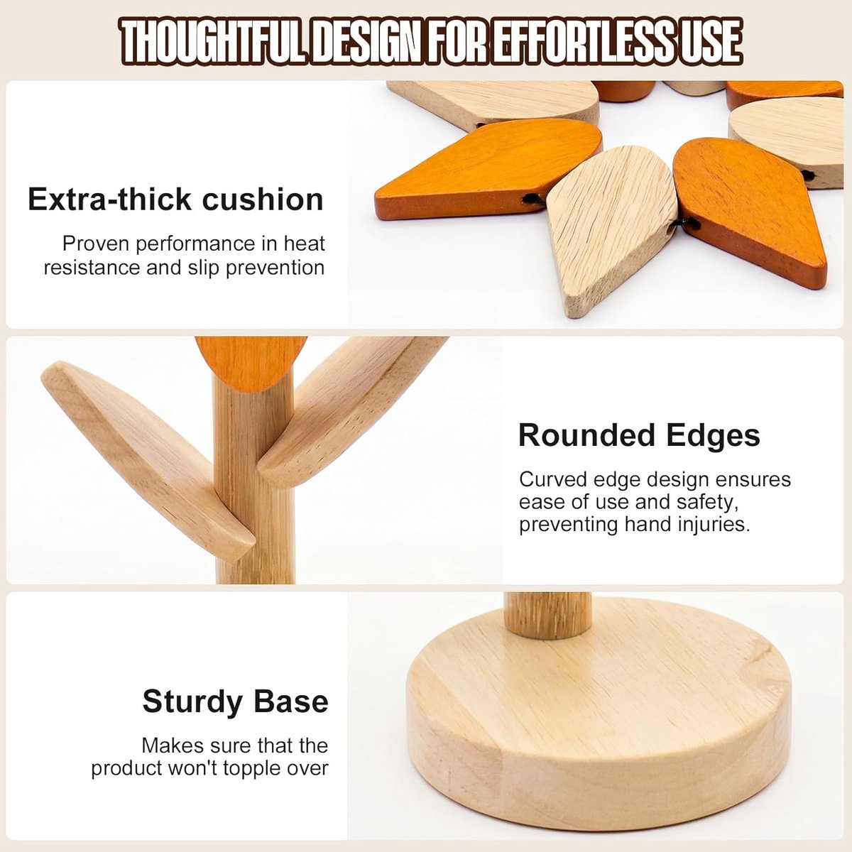 Daity 5-Delige set — Hittebestendige onderzetters — Houten onderzetterset in zonnebloemvorm — Hittepads van beukenhout — Geschikt voor hete potten, pannen, schalen en theepotten — deaal cadeau voor een housewarming of voor in de keuken — cadeau in Koken & Dineren - foto 3