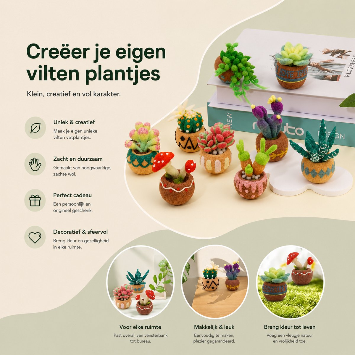 BOTC Naaldvilten - Starterset - Needle felting - Instructie inbegrepen - Gekaarde wol - Viltnaalden - Vetplanten — afbeelding 3