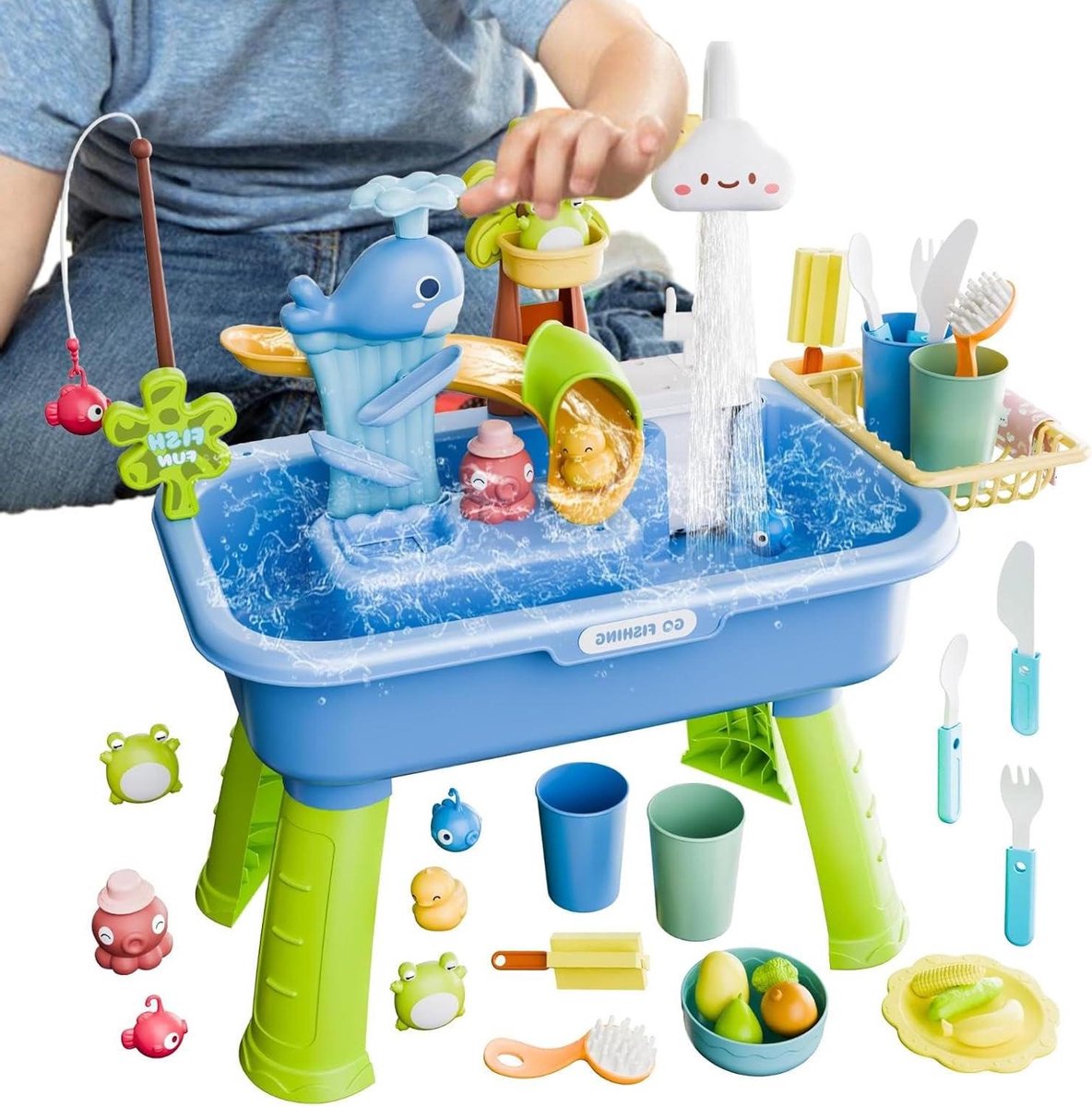 Watertafel Speelset - Water Speelgoed - Buiten Spelen - 4-in-1 met Pomp - 43 x 16 x 28.5 cm - Wit