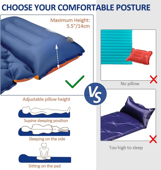 Slaapmat Kamperen - Luchtbed Backpacken - Buiten Slapen - Zelfopblazend - 77 x 28 Inch - Oranje Blauw — afbeelding 5