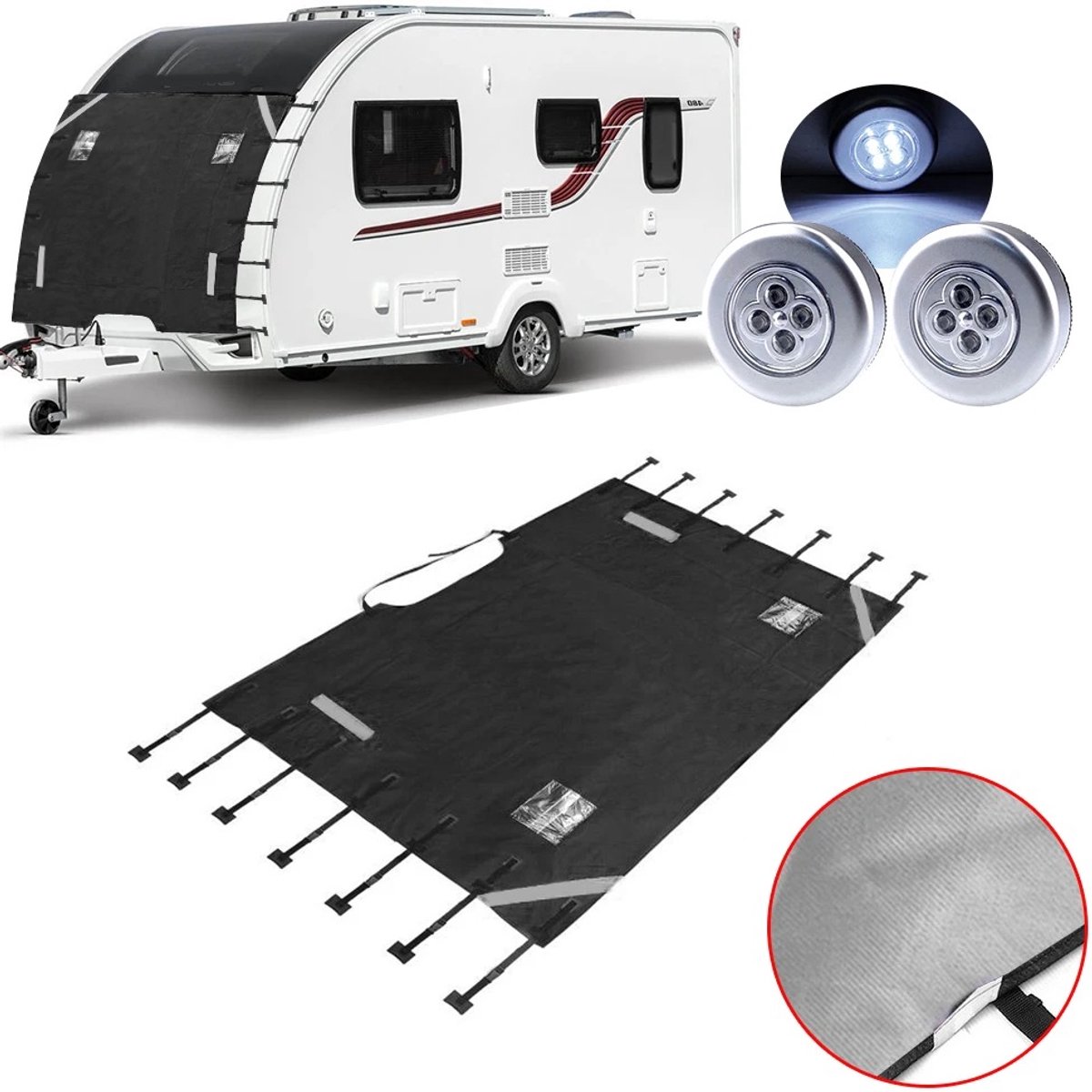 Allero Zonwering Raam - Zonwering - Zonnedoek - Zwart - Voor Caravans en Campers - Thermische Isolatie - 2 LED lampen - 210x175cm