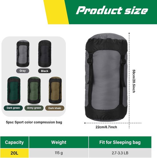 Compressiezakken voor wandelen - 5 stuks, waterdicht, 20 liter, ideaal voor camping, bergbeklimmen en outdoor activiteiten — afbeelding 5