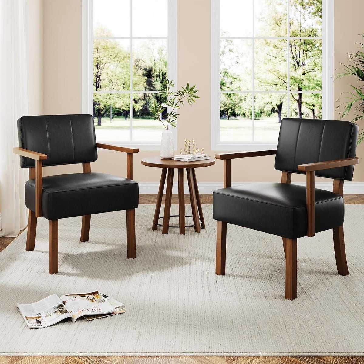 Set van 2 Retro Fauteuil - Mid-Century Accent Stoel - Bruin Kunstleer met Houten Frame - Luxe Relaxstoel met Knoopsdetails - Lounge Chair voor Woonkamer & Slaapkamer - Zwart