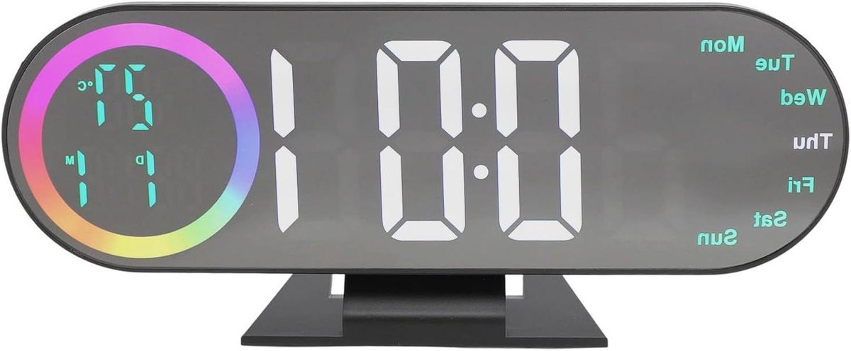 Digitale Wekker - LED Spiegelklok - Wakker Worden - 16 Kleuren Nachtlampje - 10.5 x 6 cm - Zwart Wit