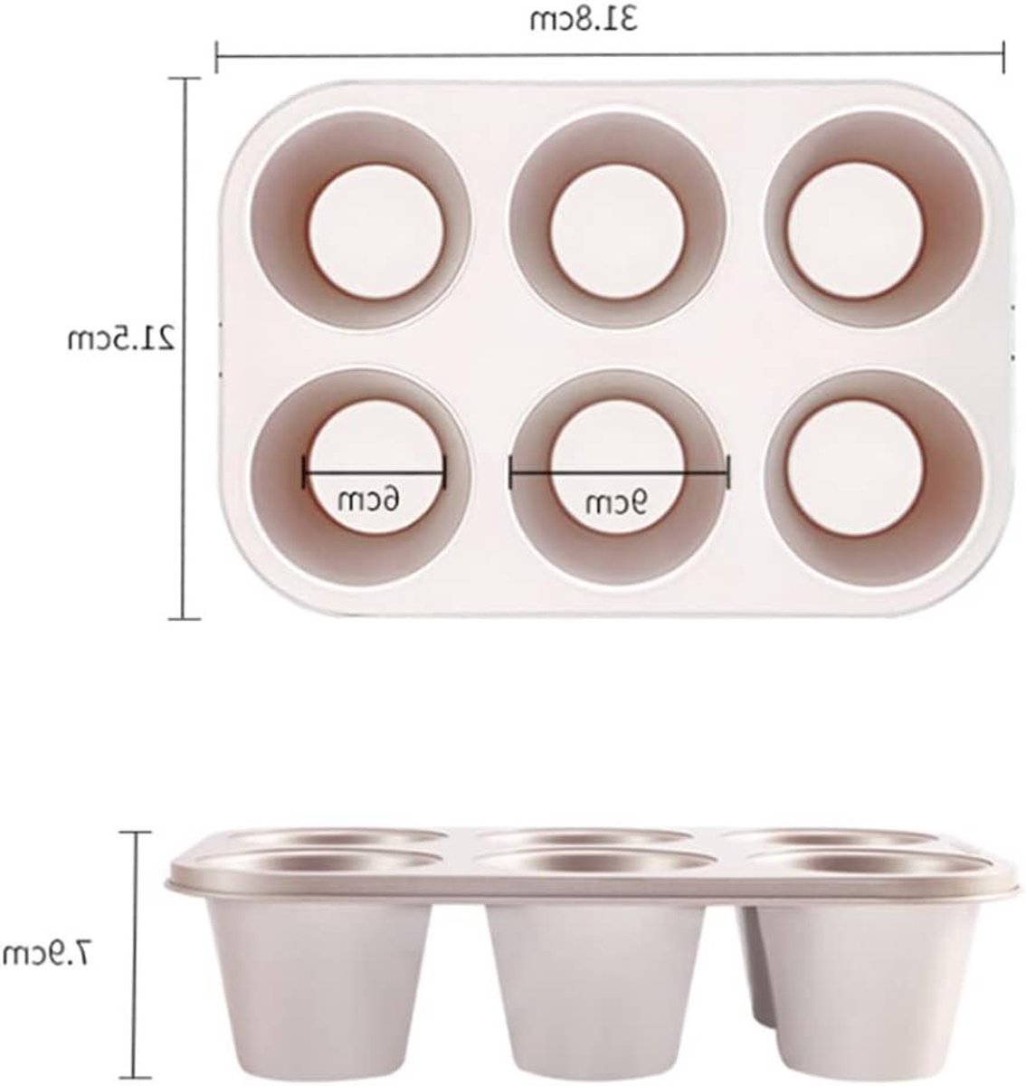 Jumbo Bakvorm - Muffinblik Cupcake - Grote Gebakjes Maken - Antiaanbaklaag - 6 Grote Holtes - Goud