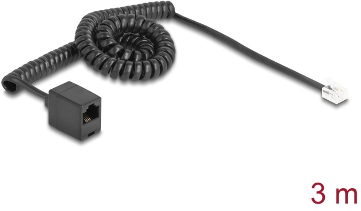 Delock Telephone Cable / Coiled Cable RJ11 plug to RJ45 jack black 3 m