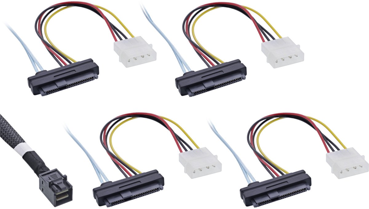 InLine® Mini SAS HD kabel, SFF-8643 naar 4x SFF-8482 (29-pins) + Stroom, 1m