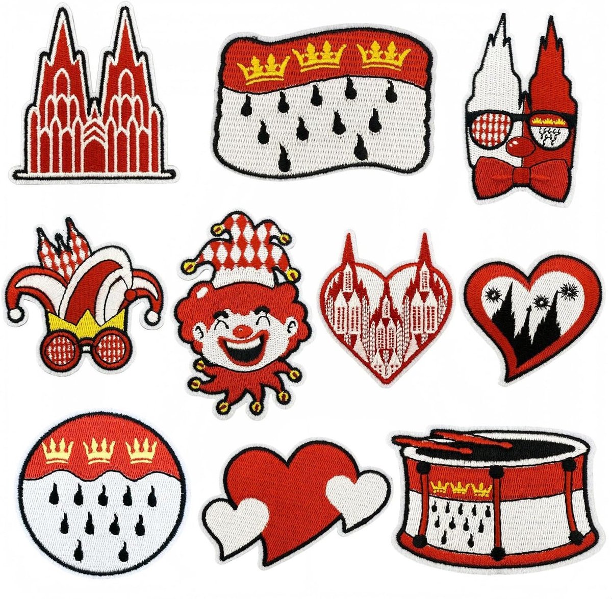 Opstrijkbare patches voor carnavalskostuums, kleding en hoeden - 10 stuks, naaibaar en veelzijdig (rood wit)
