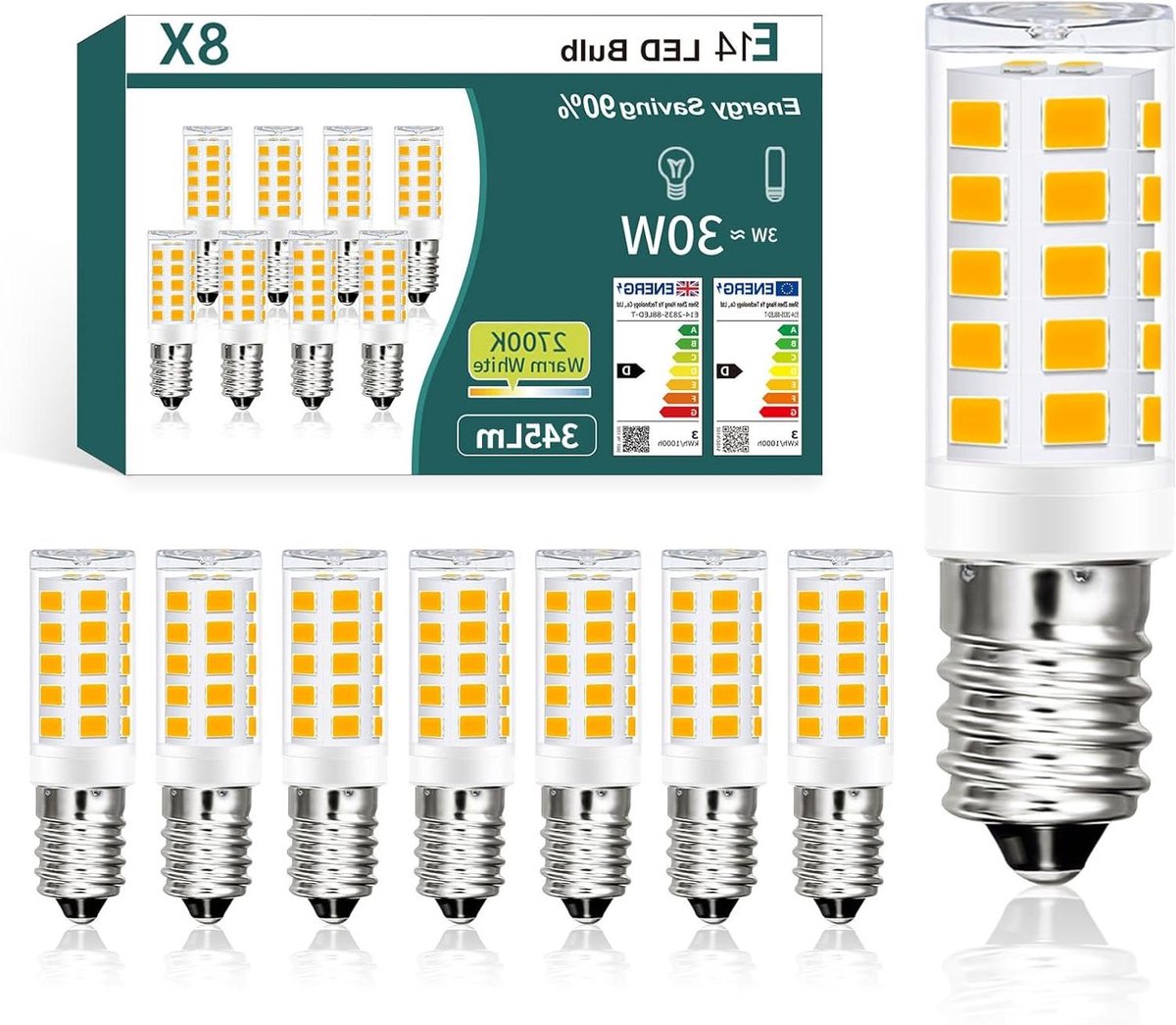 Ledlamp E14 - Mini lamp - Energie Besparen - 360 graden licht - 8 stuks - Warm wit