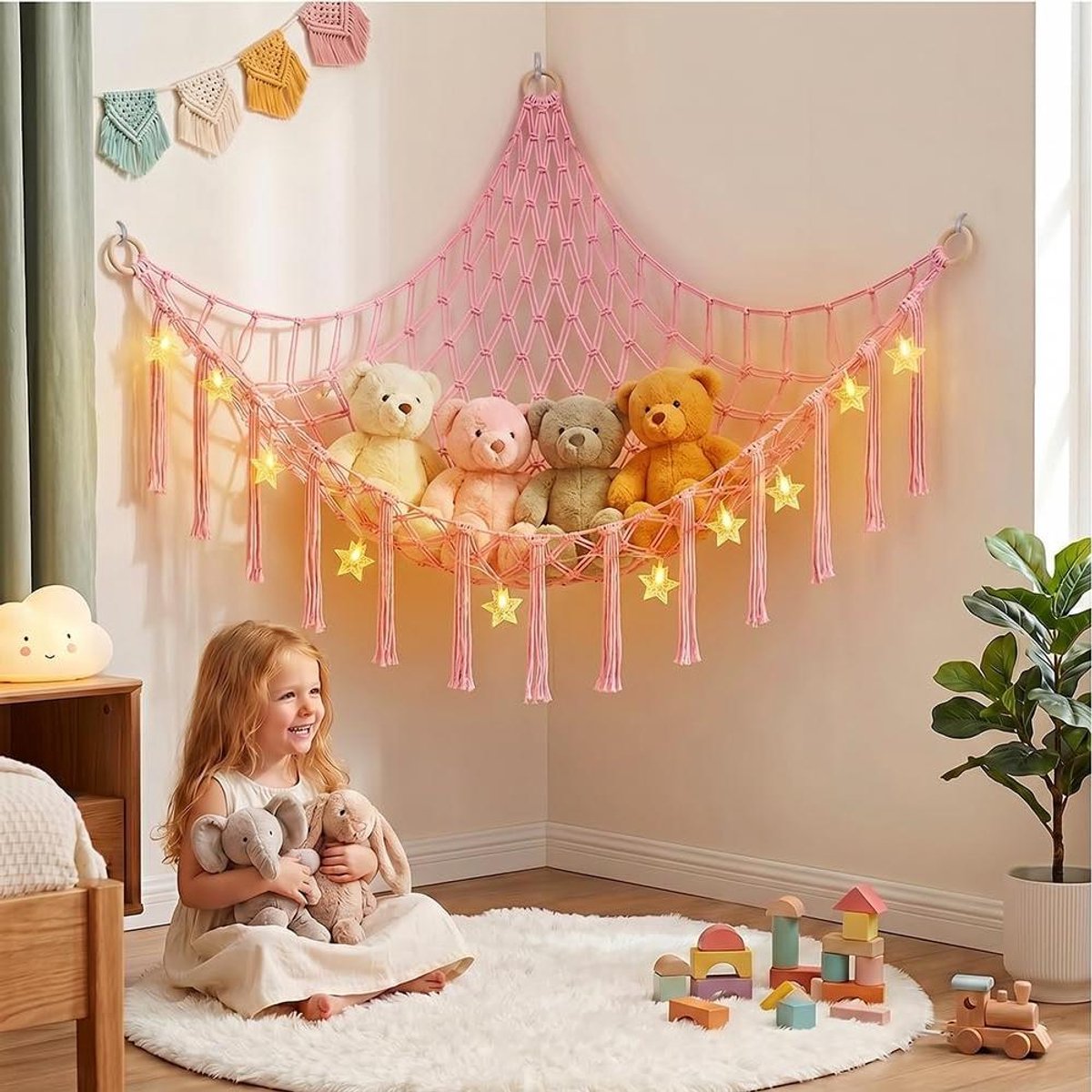 Speelgoed hangmat - Knuffel opberger - Opruimen kinderkamer - Met led sterrenlicht - 150 x 105 cm - Roze