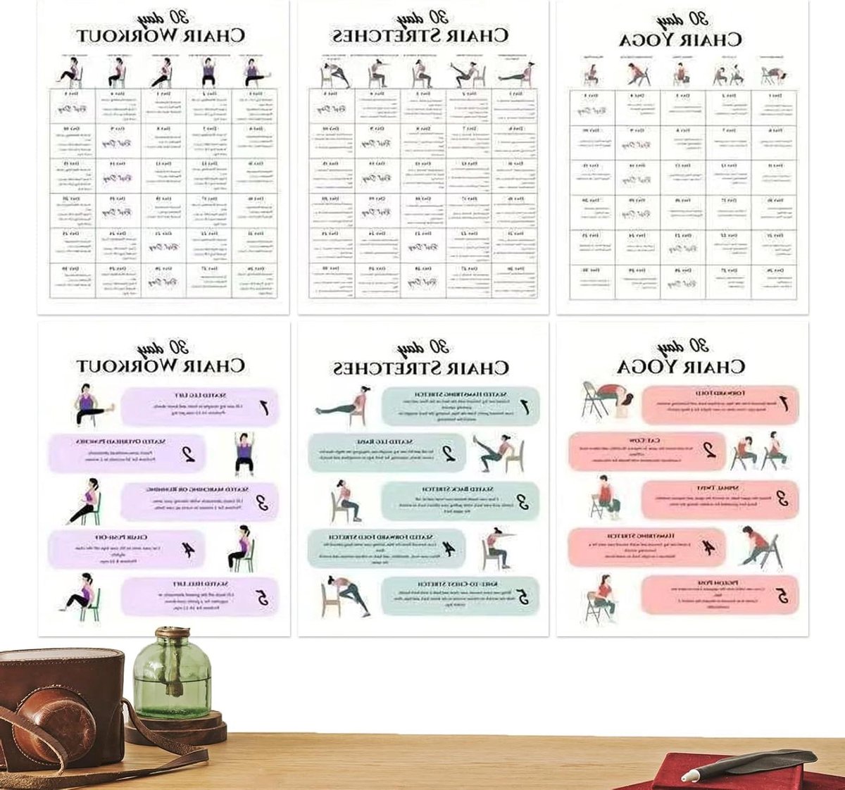 Fitness Poster Set - Stoel Yoga Kaarten - Thuis Oefenen - Stap-voor-stap Gids - 6 Stuks - Meerdere Kleuren