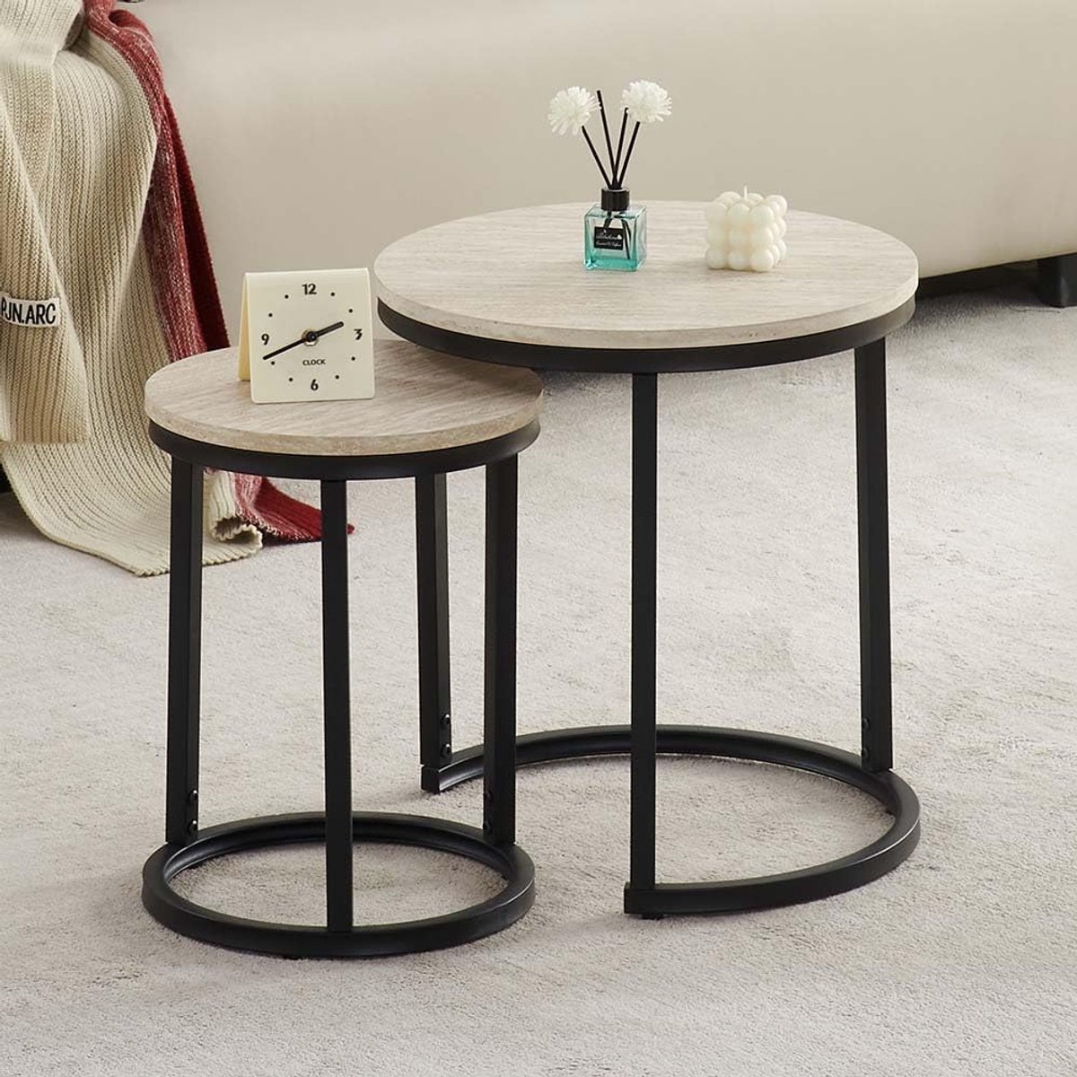 Bijzettafel Set - Tafeltjes Rond - Woonkamer Decoratie - Travertijn Look - 45x45x48cm - Zw