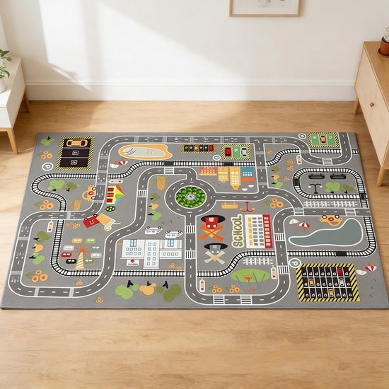 Autospeelmat - Wegtapijt Kinderen - Spelen met Auto's - Antislip Onderkant - 80 x 120 cm - Grijs — afbeelding 3
