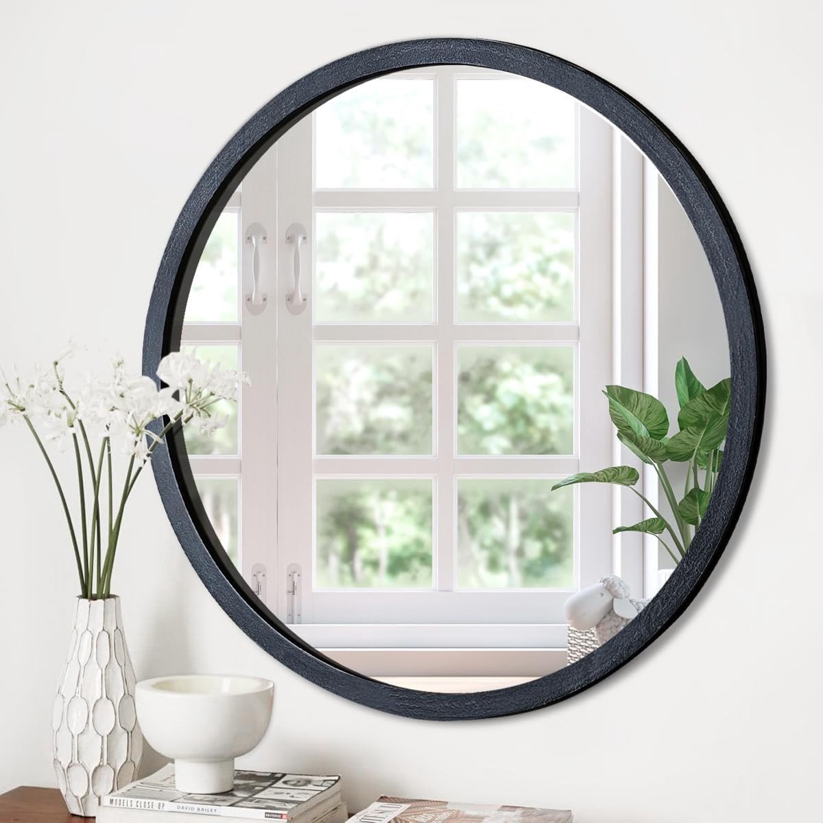 Ronde Wandspiegel 50cm voor Badkamer, Woonkamer en Slaapkamer - Zwart Houten Frame, Muurbevestiging, Decoratieve Spiegel voor Huis en Kantoor