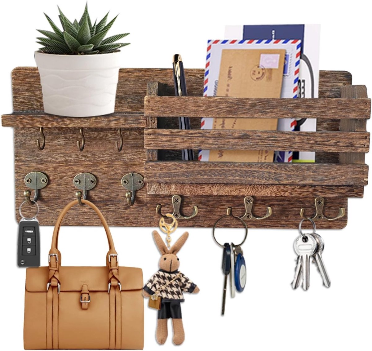 Houten Sleutelhanger met Plank en 9 Haken, Modern Sleutelkastje voor Entree, Hal en Kantoor, Bruin en Functioneel