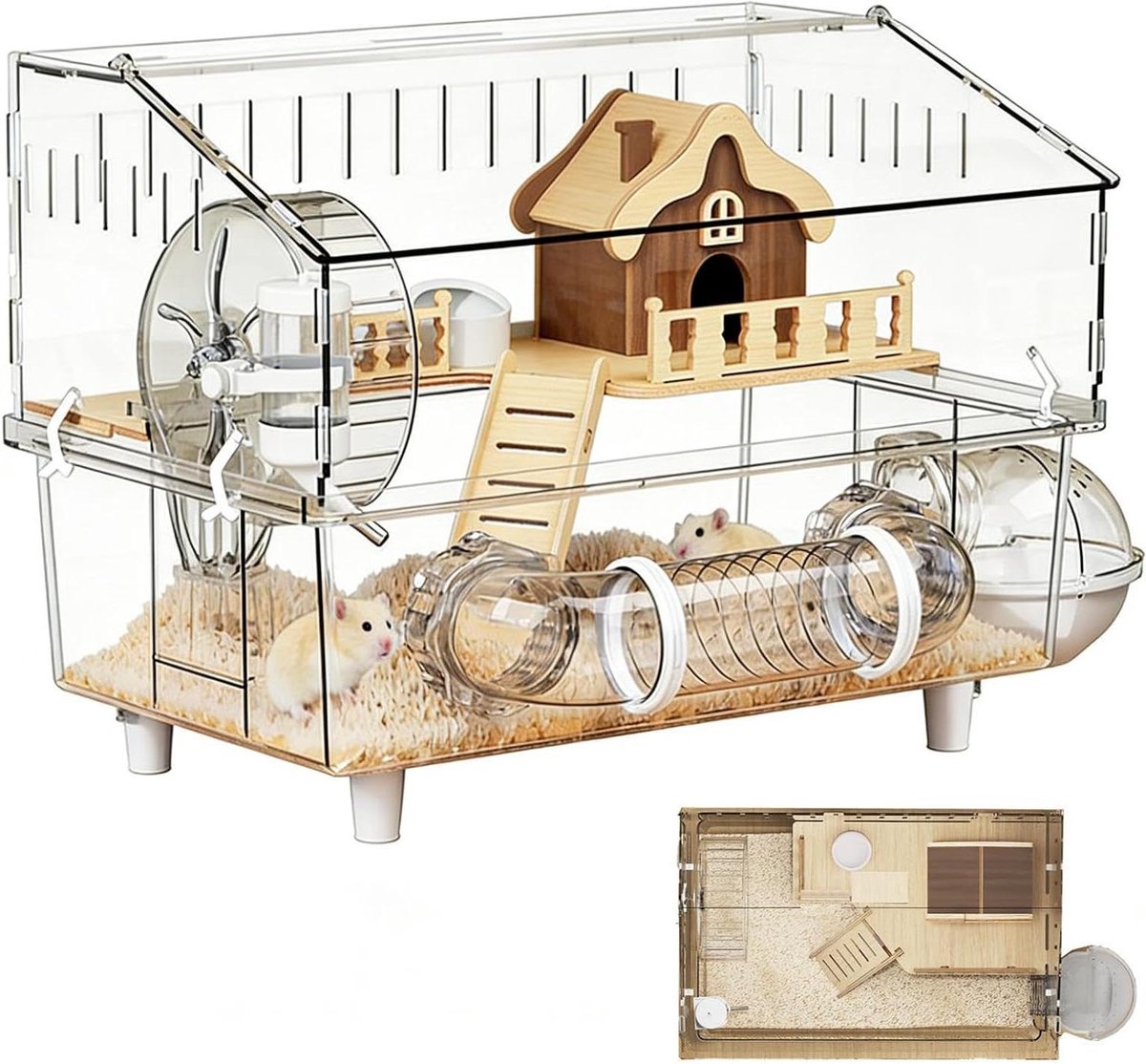 Dierenverblijf - Knaagdierkooi - Huisdier Huisvesting - Twee Niveaus - 45 x 30 x 34 cm - Transparant