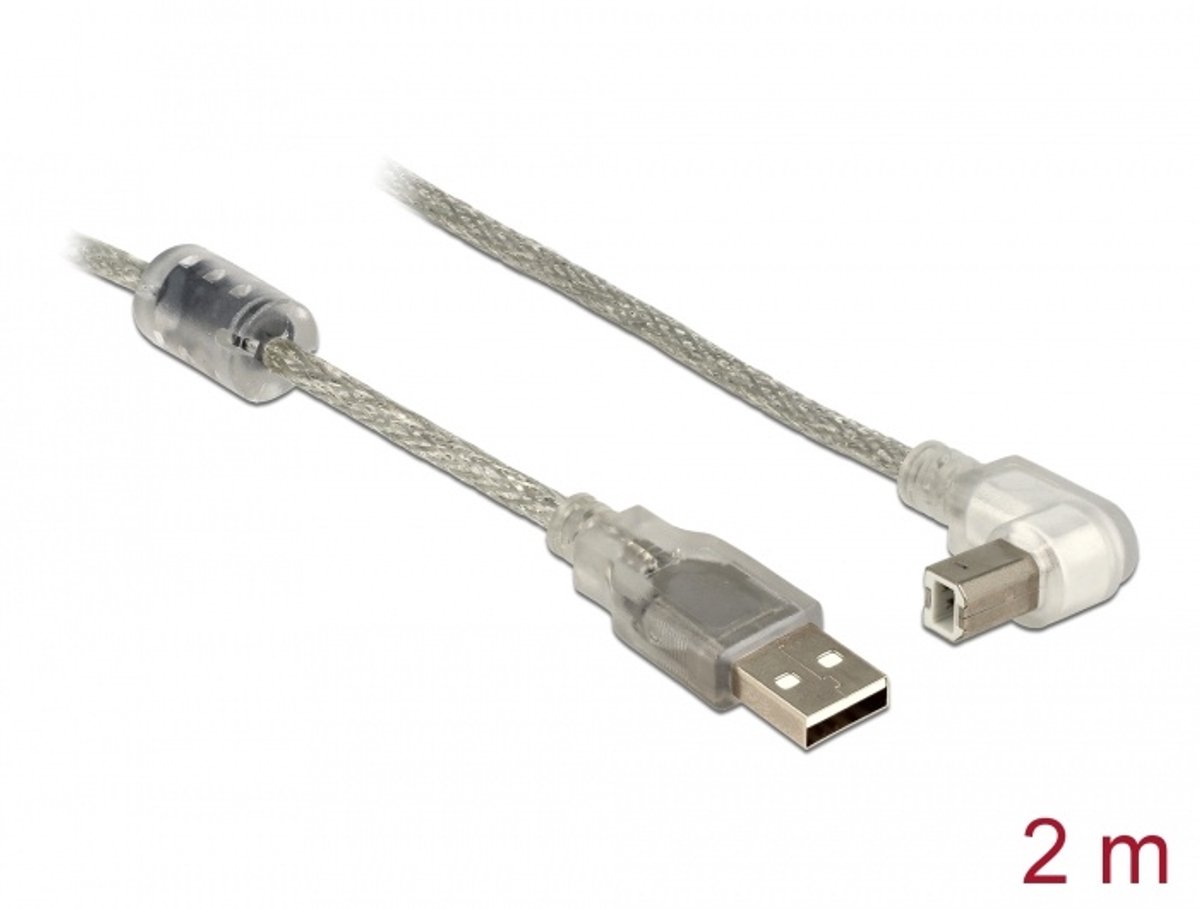 USB kabel USB 2.0 Type-A mannelijk> USB 2.0 Type-B mannelijk schuine 2.0 m transparant