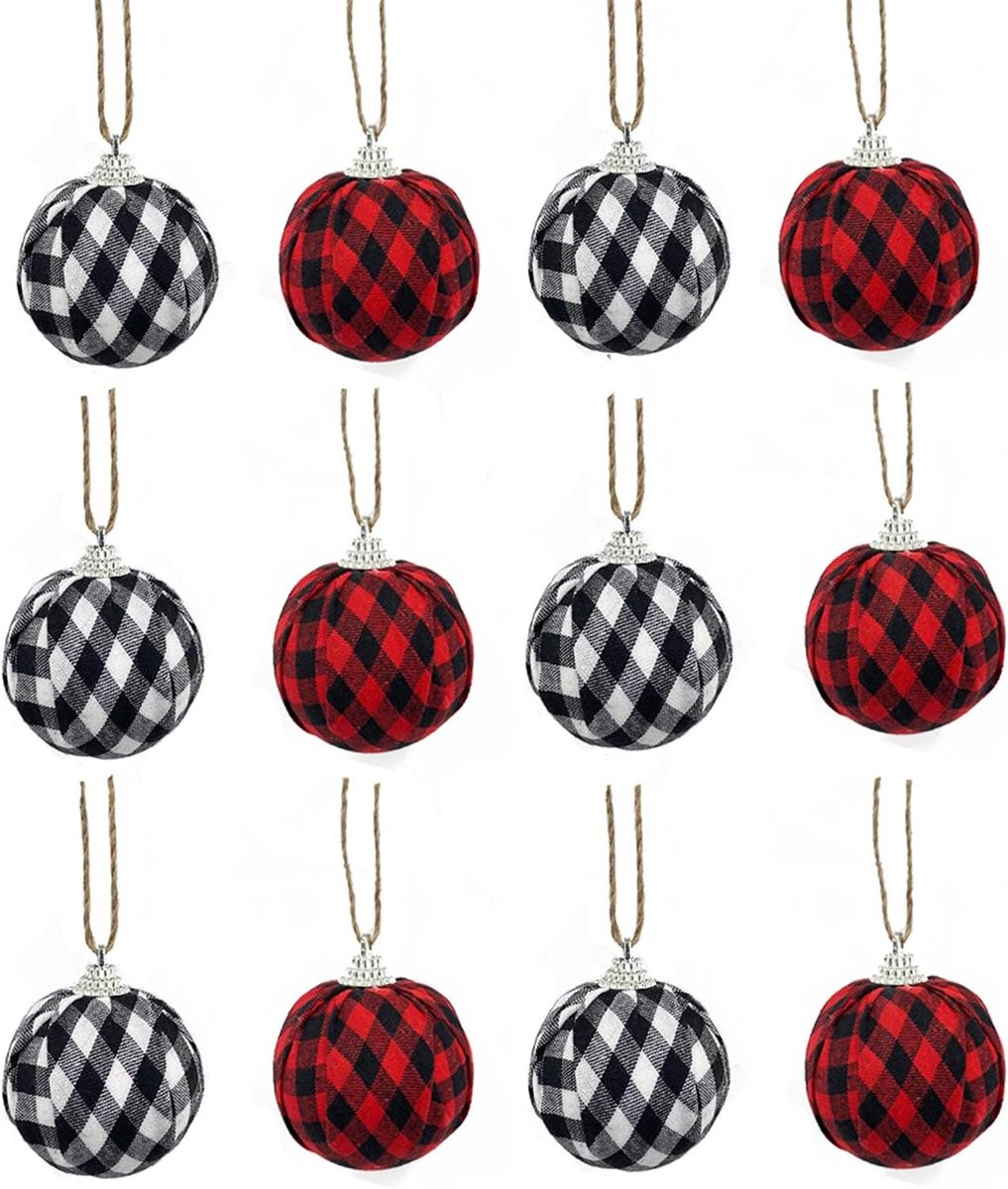 Kerstballen Set - Ruitjes Ballen - Boom Versieren - Klassiek Plaid Design - 12 Stuks - Rood Zwart Wit