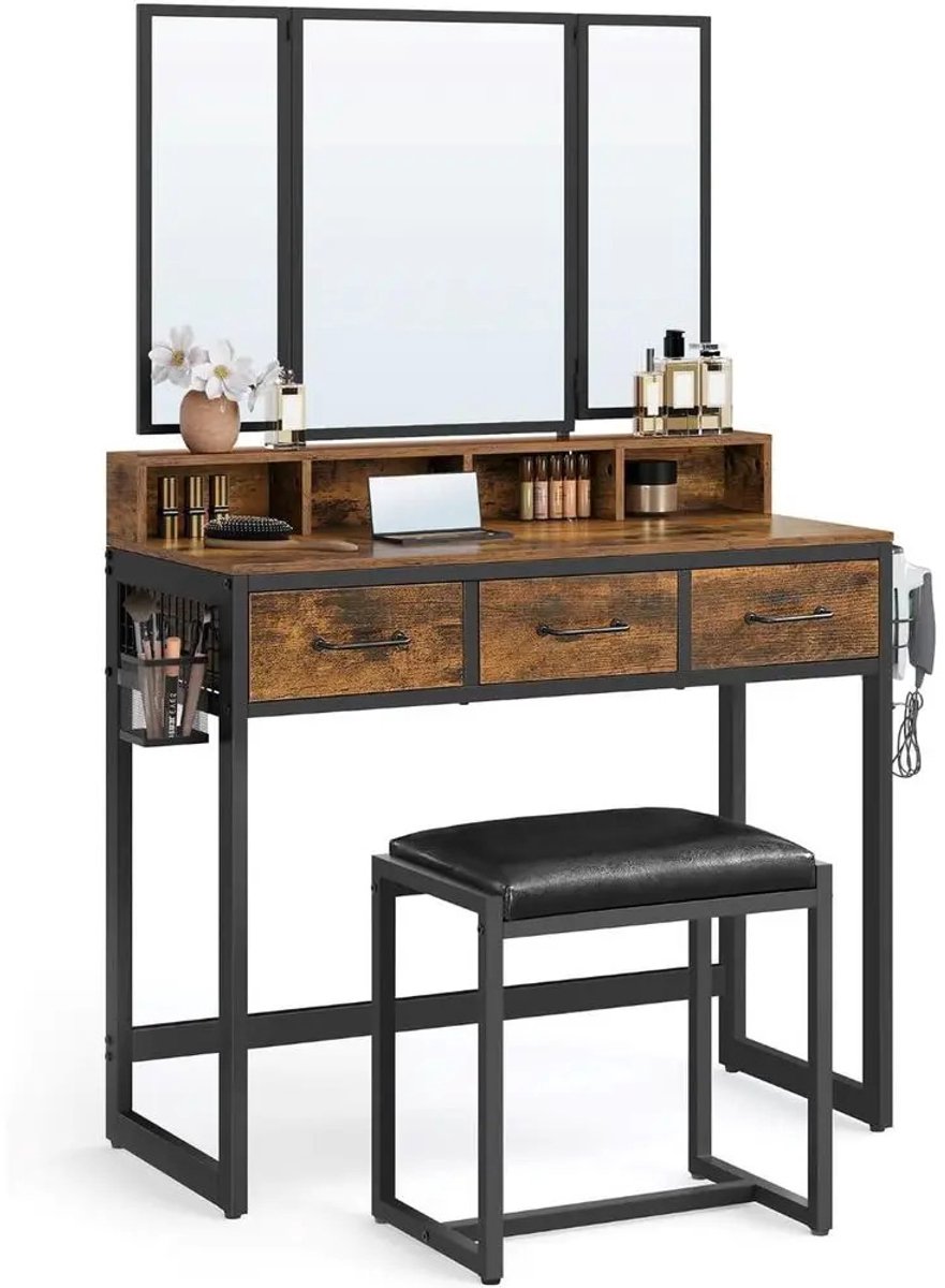 LUMÉ STORE Kaptafel - Make up Tafel - Inklapbare Spiegel - 3 Lades - Föhnhouder - Met Kruk