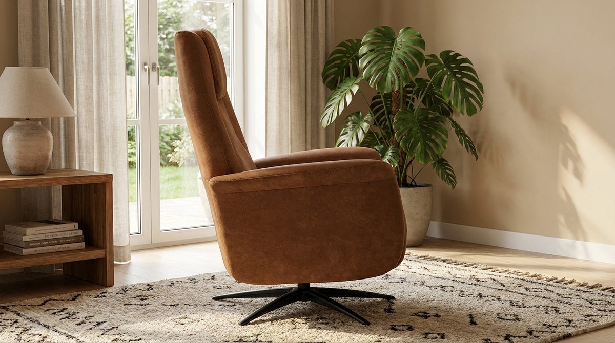 Elektrische Relaxfauteuil 1-Motorig – House&Garden Stockholm Cognac Micro Suede 77x87x112 cm – Draaifauteuil 350° met Voetsteun & Kantelfunctie – Luxe Design Fauteuil Zwart Metaal – Ergonomische Relaxstoel Woonkamer