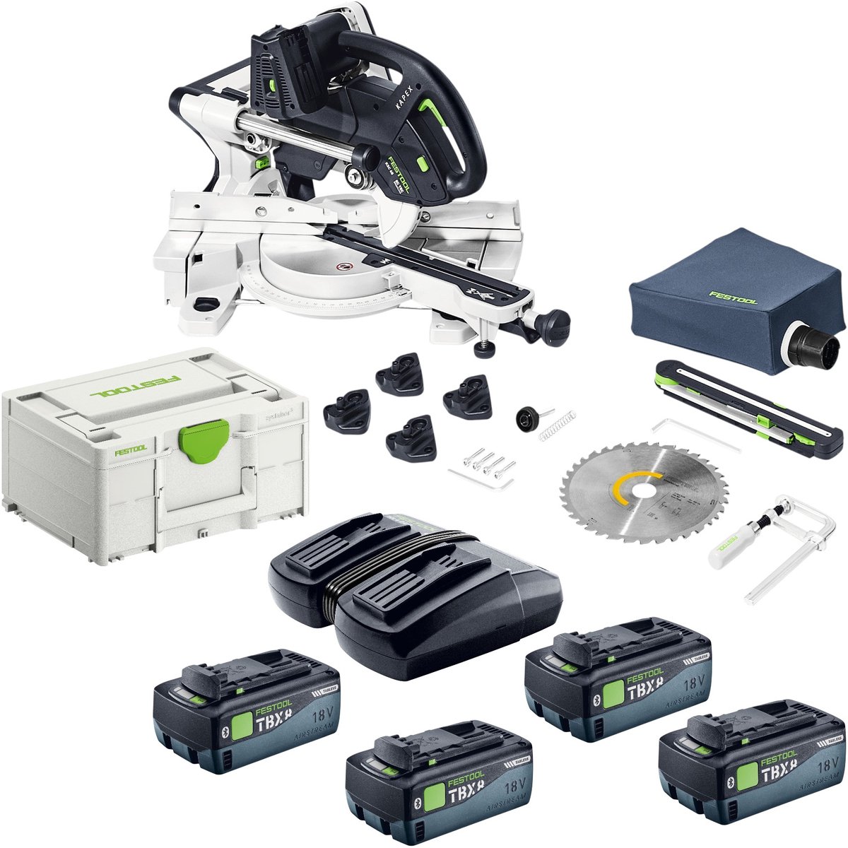 Festool KAPEX KSC 60 EB-Basic accu-afkort- en trekzaag 18 V / 36 V 216 mm borstelloos + 4x accu 8,0 Ah + dubbele lader + Systainer