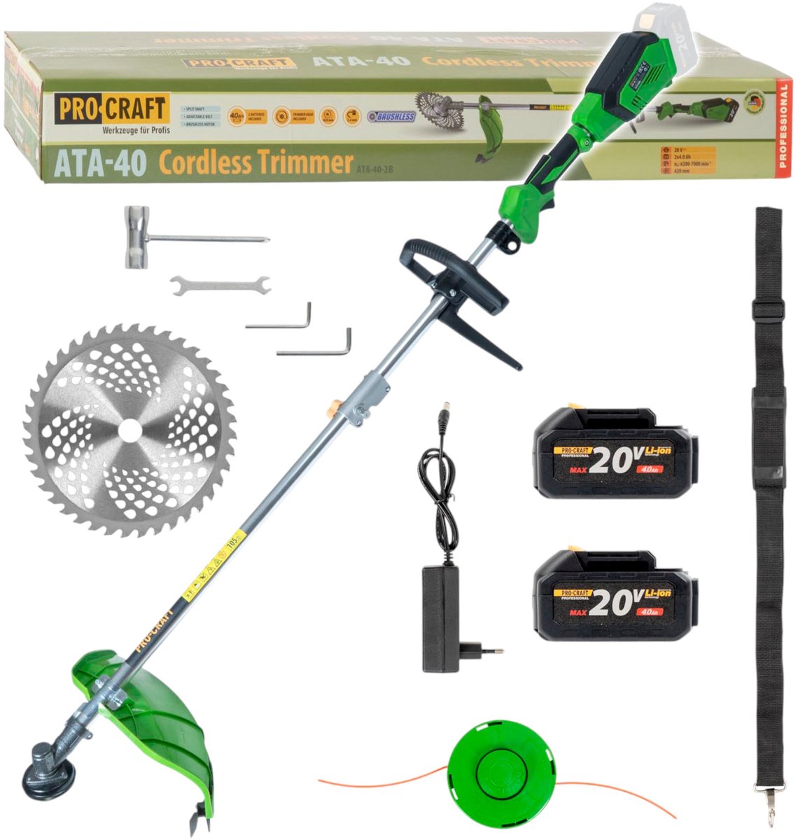 Procraft ATA-40 accu-bosmaaier 20 V 420 mm borstelloos + 2x accu 4,0 Ah + oplader