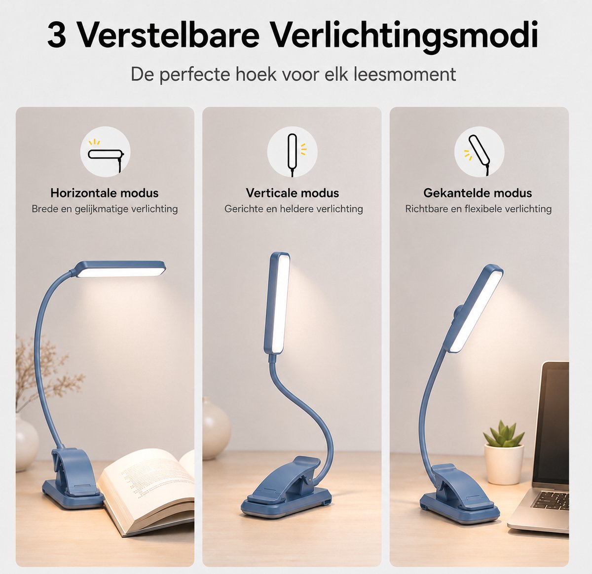 Sounix LED Leeslampje voor Boek met Klem - 315° draaibaar Leeslamp - 24 LED - Boeklampje met 3 Lichtstanden - Oplaadbare boeklamp USB - Dimbaar - Blauw — cadeau in Gadgets - foto 6