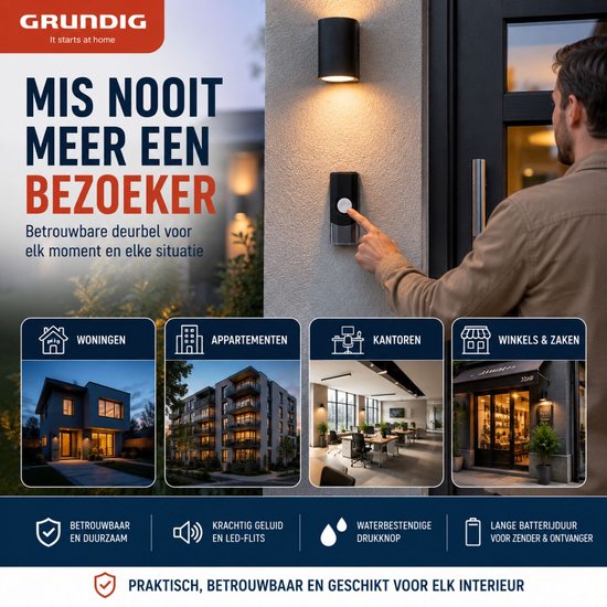 Grundig Deurbelset - Deurbel met Zender en 2 Ontvangers - 80 Meter Bereik - Zwart — afbeelding 3