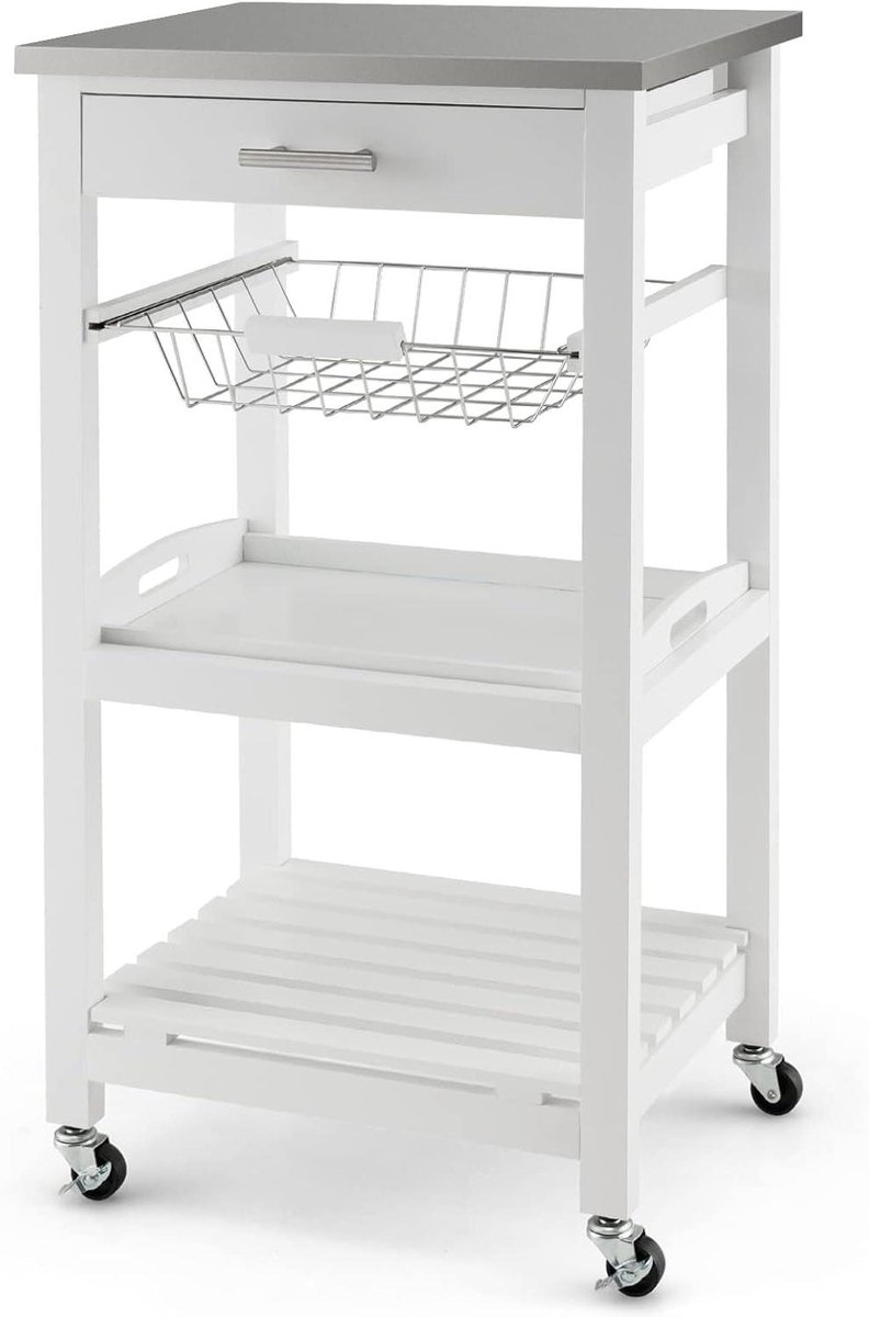 Keukenwagen - Serveertrolley - Keuken organiseren - Roestvrijstalen blad - 47x37x84 cm - Wit