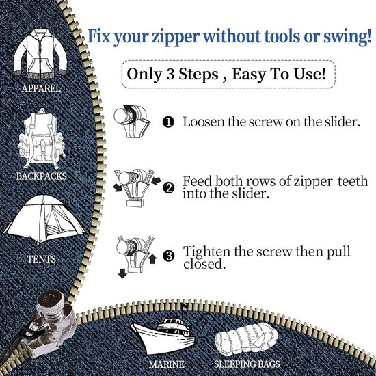 Ritssluiting reparatieset - Vervangende rits - Kleding repareren - Universeel toepasbaar - 3 maten - Zilver — afbeelding 2