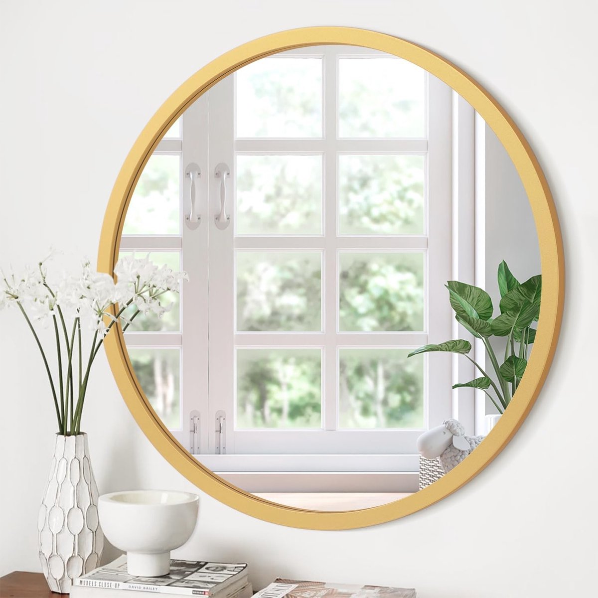 Ronde Wandspiegel van Hout voor Badkamer, Woonkamer en Slaapkamer - Elegante Gouden Afwerking, Decoratief en Functioneel
