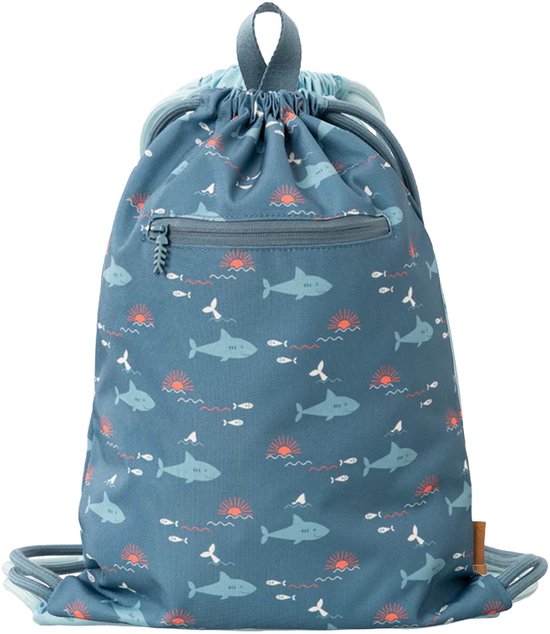 Sac de gym bleu à motif de requins, poissons et soleil, avec cordons de serrage et une fermeture éclair.