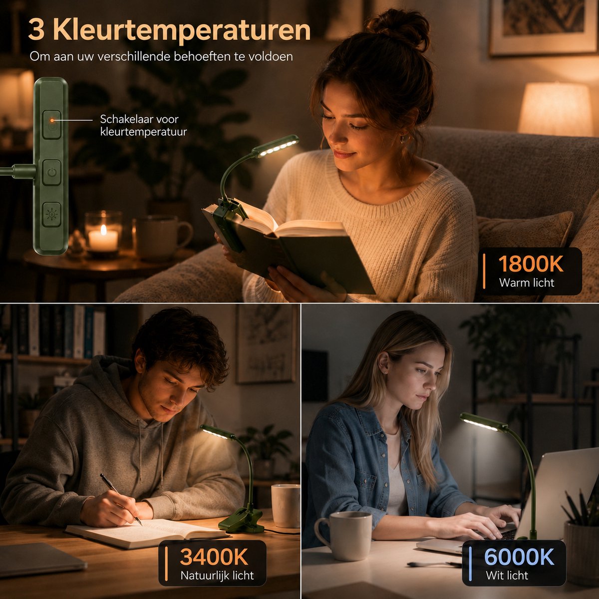 Sounix LED Leeslampje voor Boek met Klem - 315° draaibaar Leeslamp - 24 LED - Boeklampje met 3 Lichtstanden - Oplaadbare boeklamp USB - Dimbaar - Groente — cadeau in Gadgets - foto 5