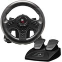 Zwart race stuurwiel met pedalen, merk SuperDrive SV 450.