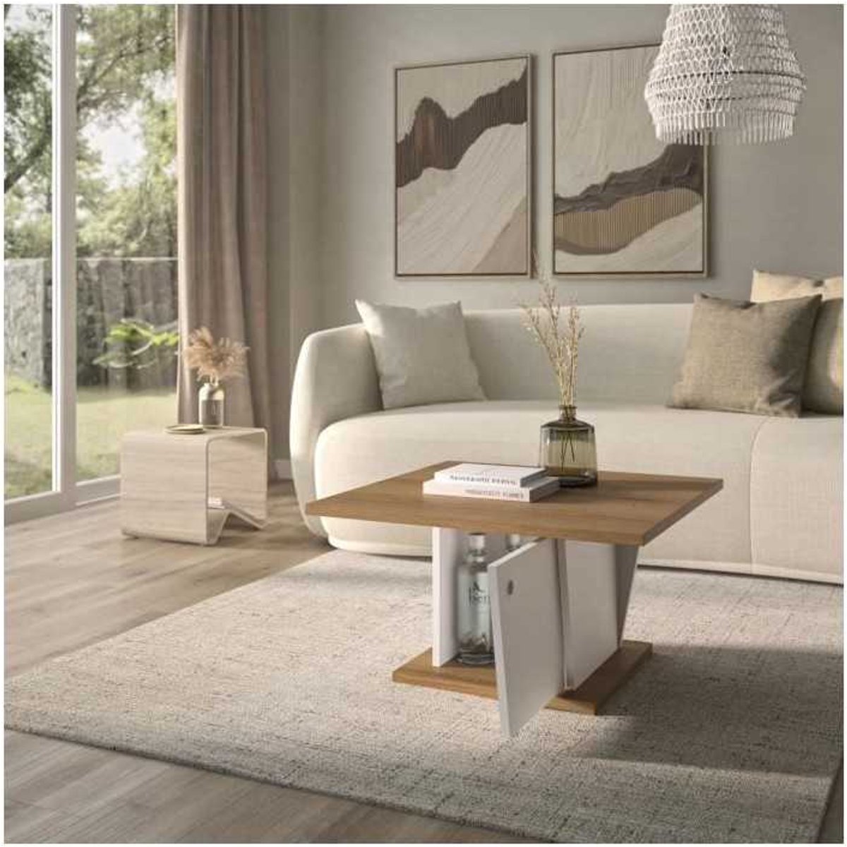 Diagone ATOS Bar Salontafel - Vierkant - Helvezia Eiken / Wit - 69 x 69 x 38 cm Helvezia eiken decor / Wit