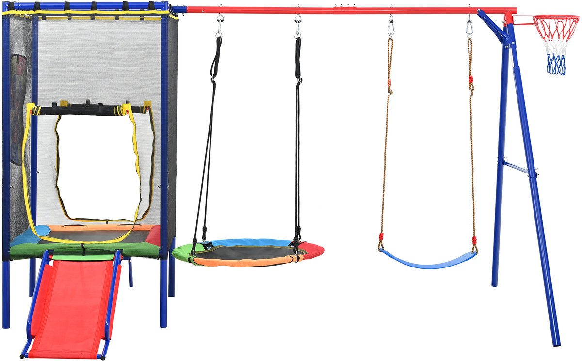 GL - Multifunctioneel Outdoor Speelparadijs - Trampoline & Glijbaan - Nest- & Enkelschommel - Basketbal & Veiligheidsnet 336x217x198 cm