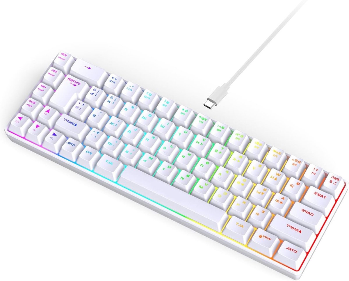 68 Toetsen Russisch-Engels Gaming Toetsenbord, RGB Verlicht Mechanisch Toetsenbord met 18 Verlichtingsmodi, USB Bedraad voor PC Gamers - Wit