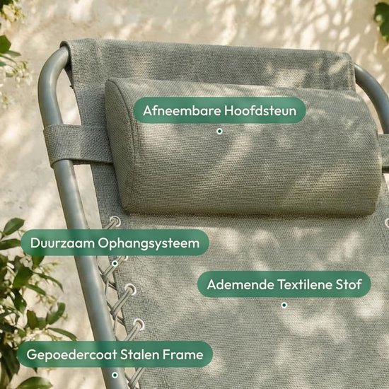 Zero Gravity Stoel - Relaxstoel Ligstoel - Ontspannen Buiten - Inklapbaar Ruimtebesparend - 156x65x76 cm - Saliegroen — afbeelding 3