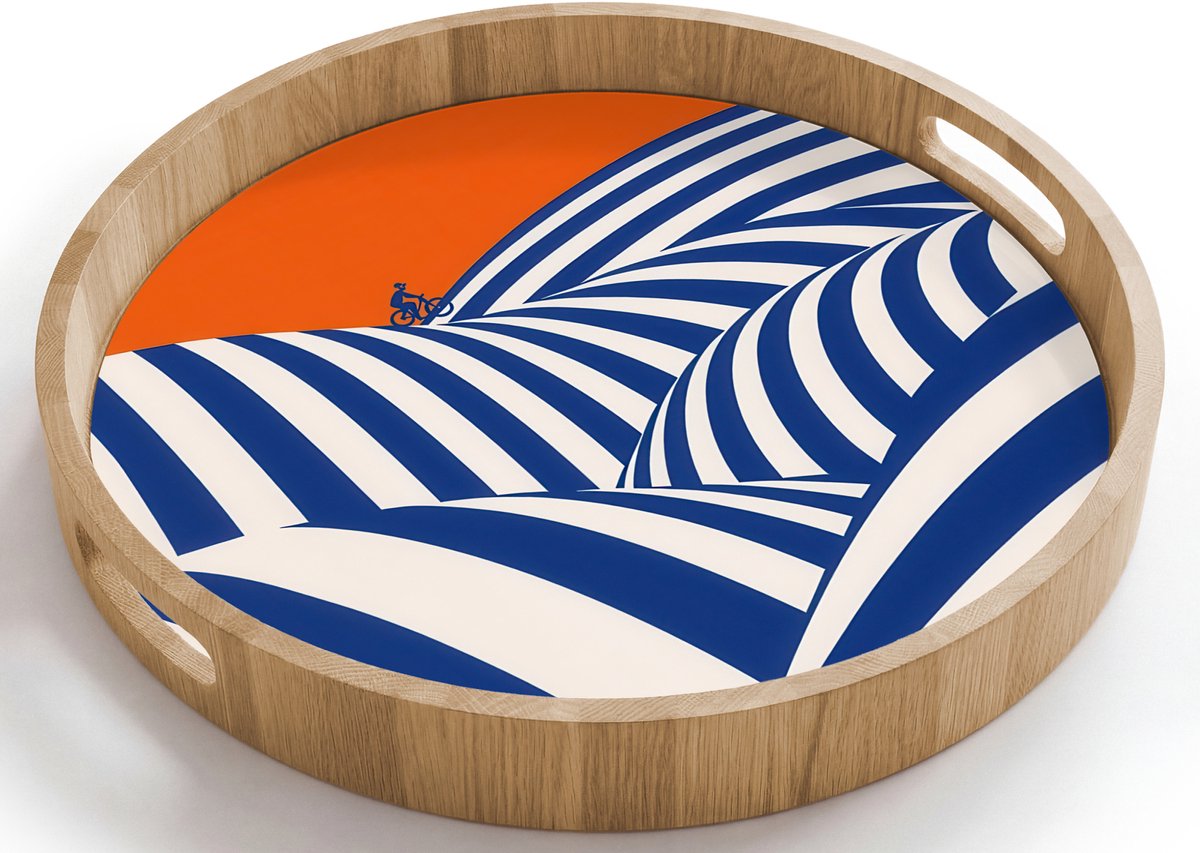 Dienblad rond 40x40 cm - Schootdienblad hout - Fietser - Heuvels - Strepen - Blauw - Borrelplank rechthoek - Plateau houten dienbladen