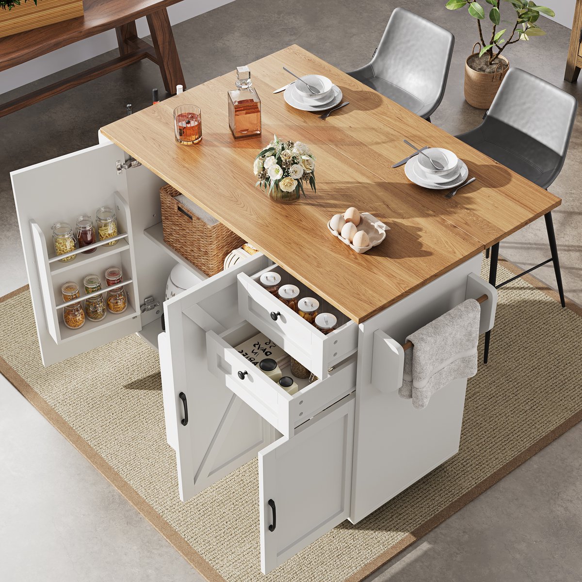 Keukeneiland - Modern - Met Opbergruimte En Snackrekken Houtlook Design - Hout - Wit