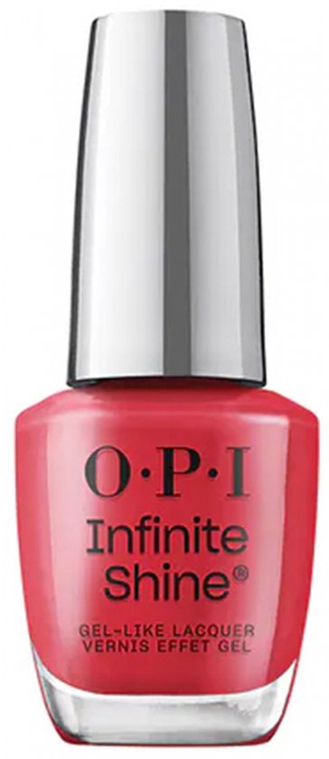 Flesje O.P.I. Infinite Shine nagellak in de kleur Dutch Tulips, een heldere roze-rode tint met zilveren dop.