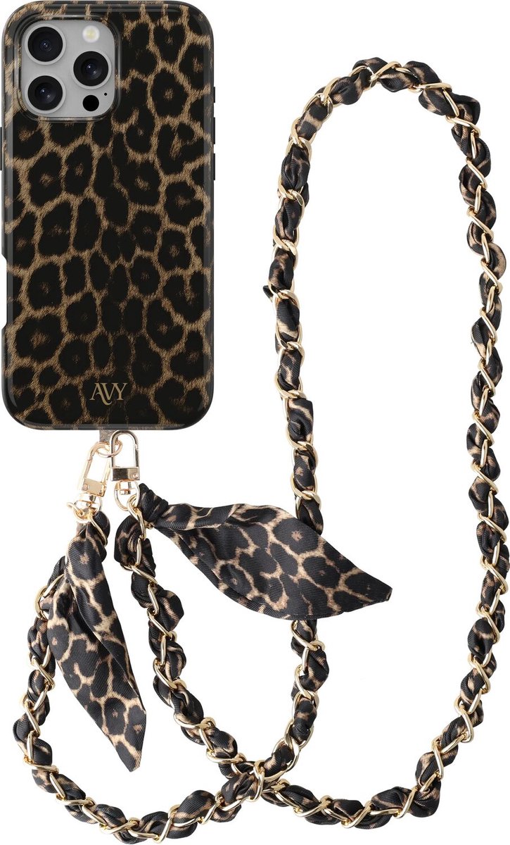 AVY Hoesje Met Telefoonkoord | Geschikt voor Apple iPhone 15 Pro | Compatibel met MagSafe & Qi2 | Hard Shell Back Cover | Stijlvol Bijpassend Koord Crossbody (120CM) | Panthera Chic