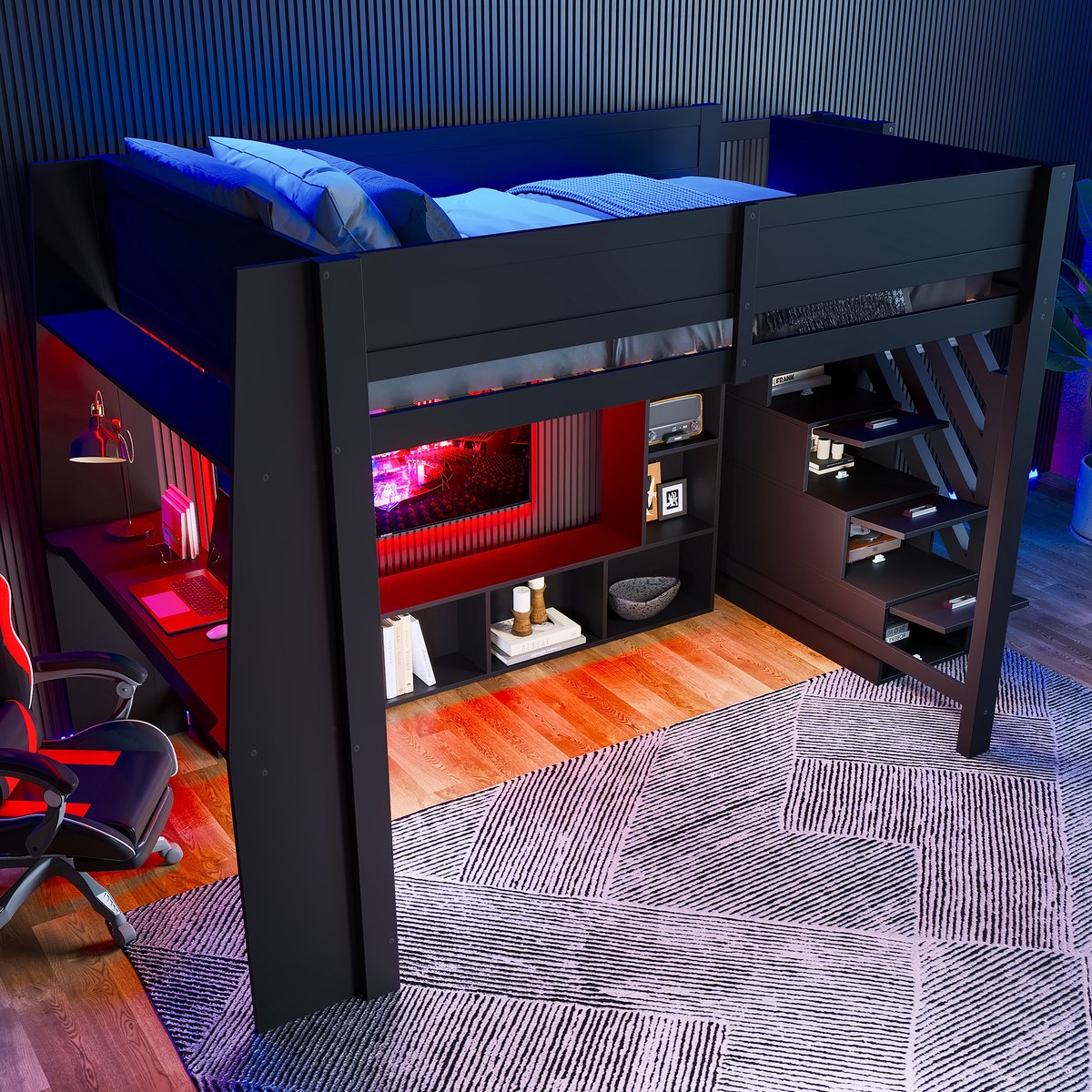 MODFU Hoogslaper met Bureau en Opbergruimte – 140x200 cm – Trap met 3 Opbergvakken & LED – Zwart – Max. 150 kg – Perfect voor Tienerkamer of Studentenkamer