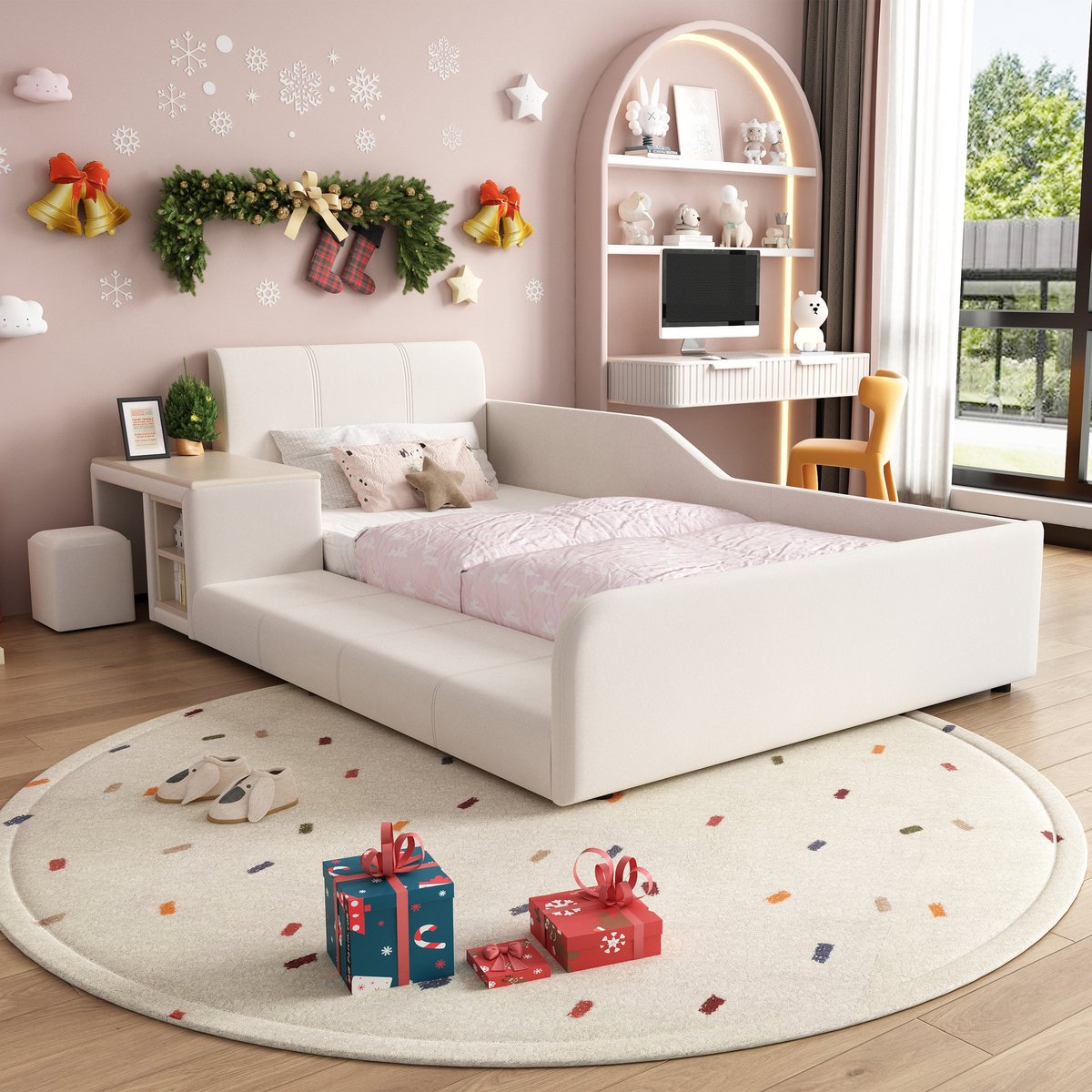 MODFU Eenpersoons Kinderbed met Bureau – 90x200 cm – Met Kruk & Opbergplank – Fluweel – Wit