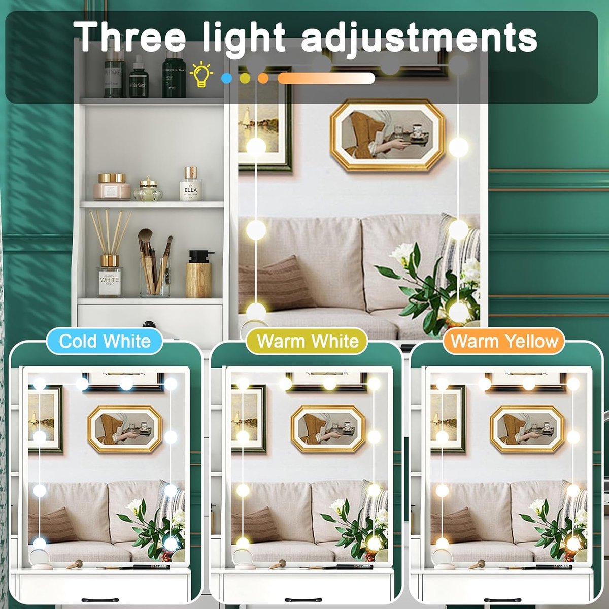 Schminktisch met LED Spiegel en 10 Dimbare Lampen – Kaptafel met 3 Lichtkleuren, 5 Laden, Open Opbergvakken en Gladde Schuifrails – Moderne Make-up Tafel 130x80x36 cm – ABTkantoor (56 Design)