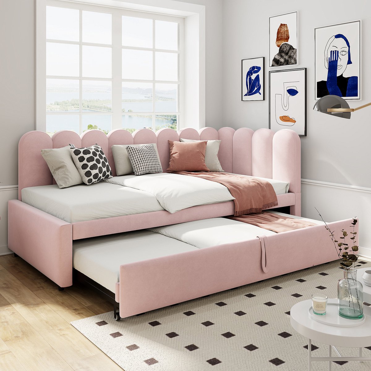 MODFU – Slaapbank in L-Vorm – 90x200 cm – Uitschuifbaar naar 180x200 cm – Ruimtebesparend – Fluweel – Roze