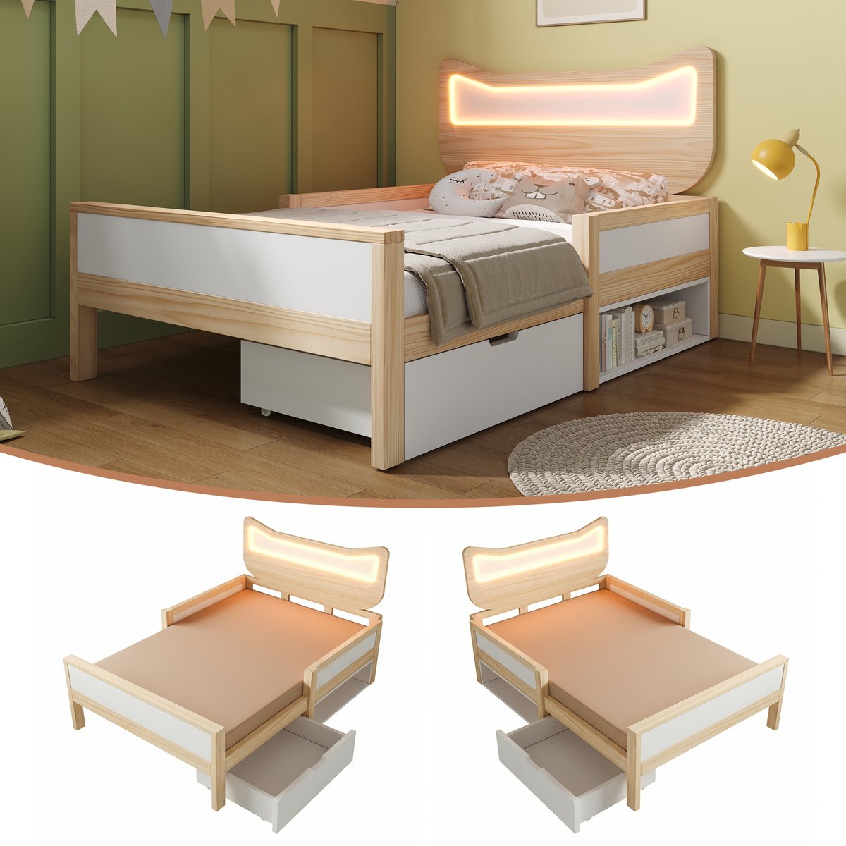 Kinderbed - 90x200 cm - Bed met led & hoofdbord - Lade & beschermhek - Hout - Wit