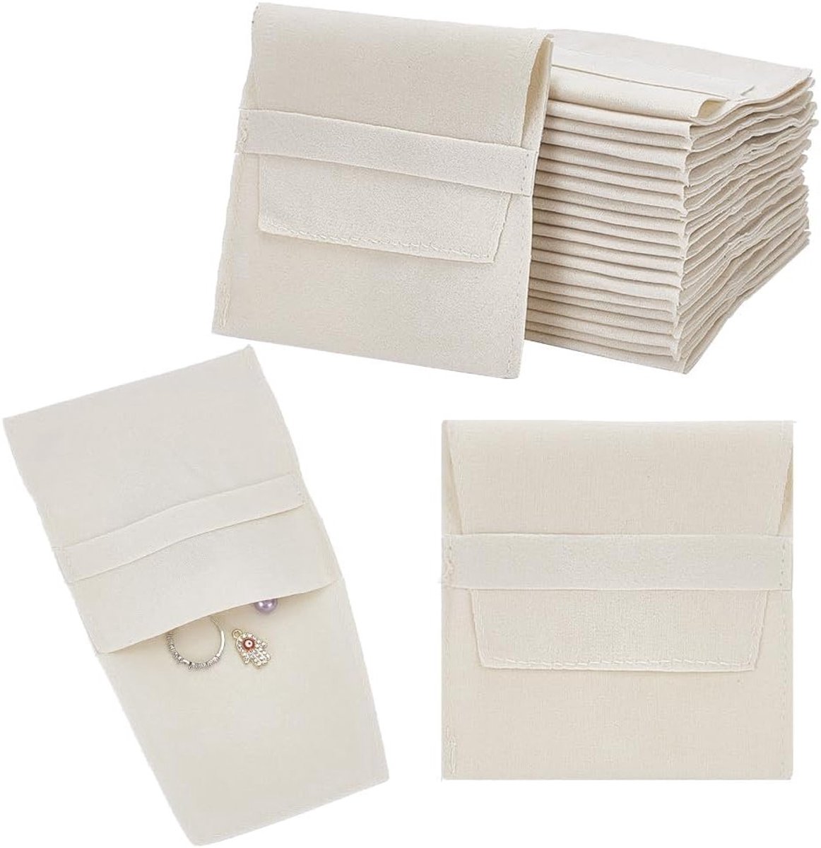 24 Stuks Microfiber Sieraden Pouches in Oude Kant Kleur, Luxe Opbergzakken voor Sieraden, Cadeaus, en Accessoires - 9.6 x 9.5 cm