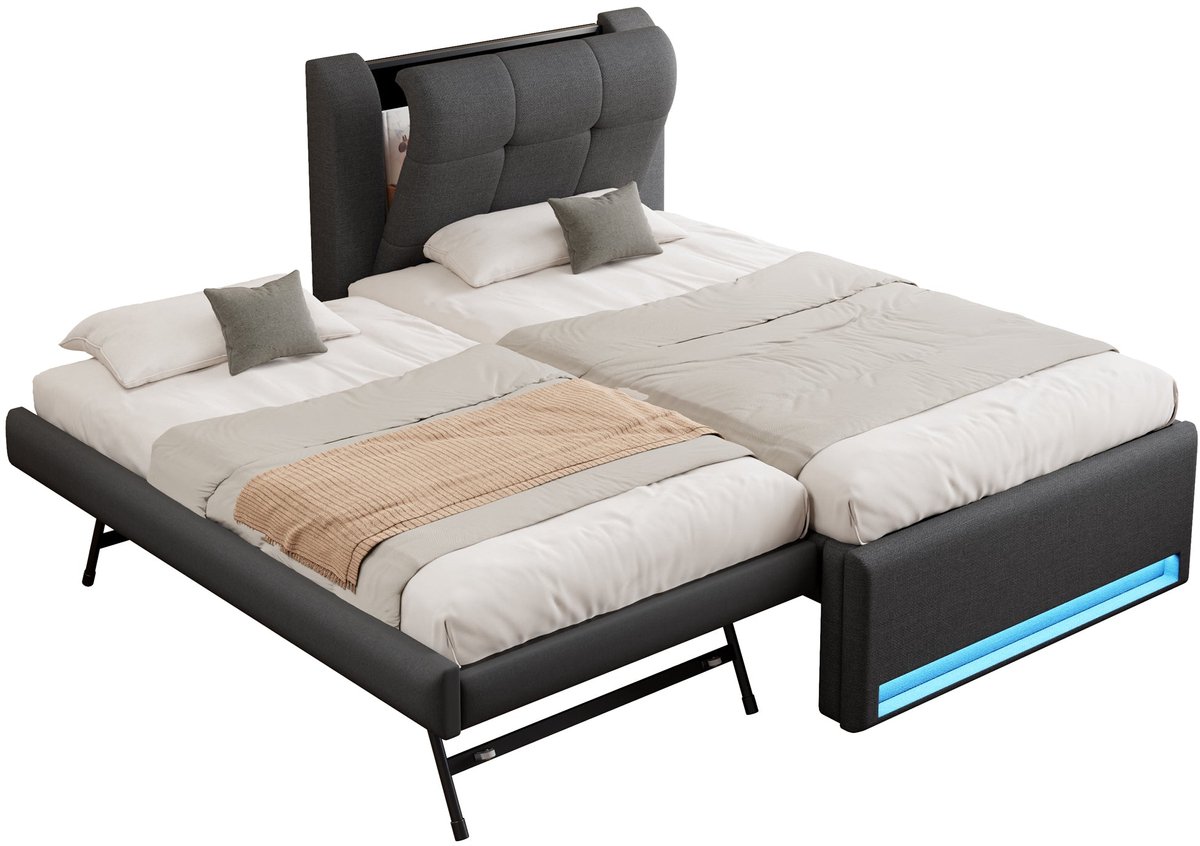 Merax Slaapbank 90x200 - Gestoffeerd Bed met Uitschuifbed - LED Verlichting met Afstandsbediening - Hoofdbord met Opbergruimte - Grijs