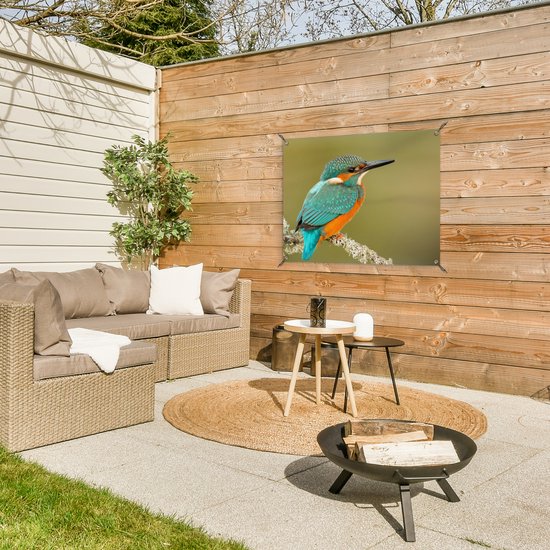 Tuinposter 80x60 cm - Tuindecoratie IJsvogel - Dieren - Vogel - Poster voor in de tuin - Buiten decoratie - Schutting tuinschilderij - Tuindoek muurdecoratie - Wanddecoratie balkondoek